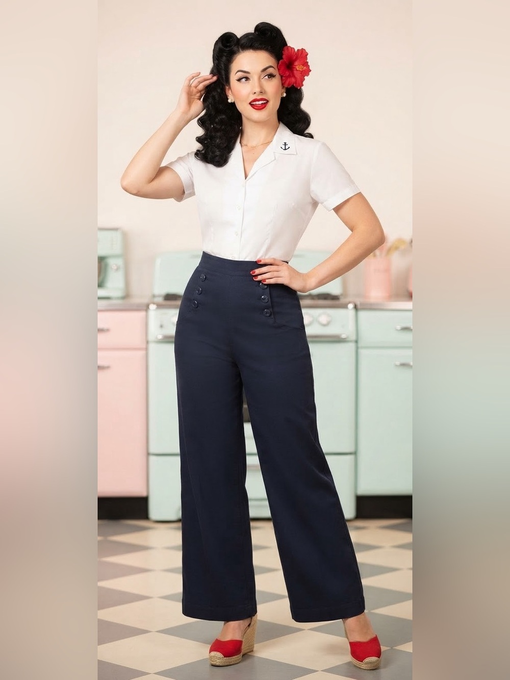 Unique Vintage 1940s Navy Blue High Waist Sailor Ginger Pants, M, EUC